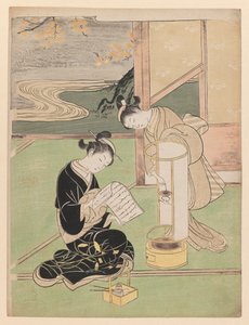 Resplandor vespertino en la luz nocturna cubierta de papel, de la serie Ocho vistas del salón, 1766 de Suzuki Harunobu